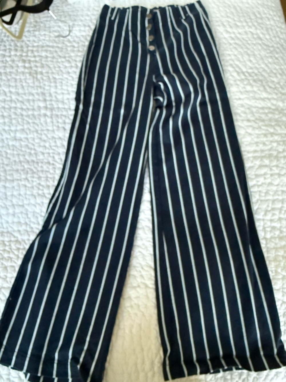 Reformation Navy Vertical Stripe Wide-Leg Pants